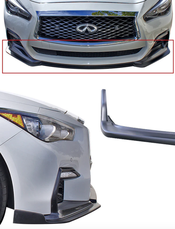 A front and side close up view of a car fitted with Stillen Front Splitter [UNPAINTED] for Infiniti Q50 2018-2024 on a white background
