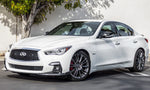 A side wide view of a white car fitted with Stillen Front Splitter [UNPAINTED] for Infiniti Q50 2018-2024 on the ground