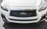 A front close up view of a white car fitted with Stillen Front Splitter [UNPAINTED] for Infiniti Q50 2018-2024 on the ground