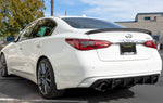 A back wide view of a white car fitted with Stillen Rear Diffuser [Matte Black] for Infiniti Q50 2018-2024 on the ground