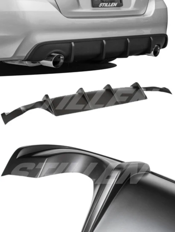 A back view of a car fitted with Stillen Rear Diffuser [Matte Black] for Nissan Altima 2016-2018 on a white background