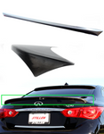 A front view of Stillen Rear Spoiler [UNPAINTED] for Infiniti Q50 2014-2017 with white background on top of the image and it fitted on a car from behind on the bottom of the image