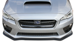A front and top close up view of a car fitted with Stillen Front Splitter for Subaru WRX / WRX STI 2015-2017 on a white background