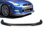 A front close up view of a blue car fitted with Stillen Front Splitter (Urethane) for Nissan GT-R [R35] 2012-2015 on a white background
