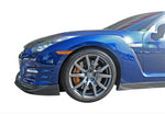 A close up side view of a blue car fitted with Stillen Front Splitter (Urethane) for Nissan GT-R [R35] 2012-2015 on a white background
