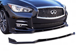 A front close up view of a car fitted with Stillen Front Splitter [Matte Black] for Infiniti Q50 Premium 2014-2017 with white background