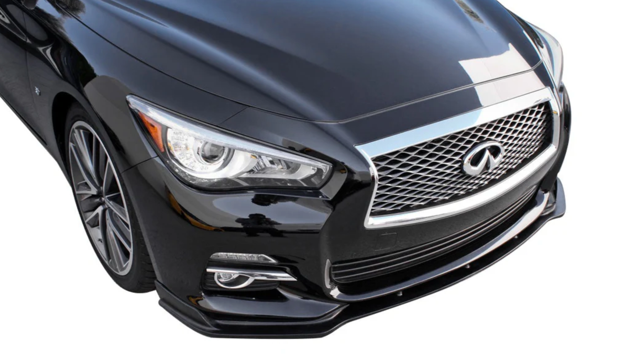 A top close up view of a car fitted with Stillen Front Splitter [Matte Black] for Infiniti Q50 Premium 2014-2017 on a white background