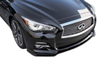 A top close up view of a car fitted with Stillen Front Splitter [Matte Black] for Infiniti Q50 Premium 2014-2017 on a white background