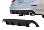 A back close up view of a car fitted with Stillen Rear Diffuser [Matte Black] for Infiniti Q50 2014-2017 on a white background