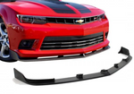 A front close up view of a red car fitted with Stillen Front Splitter for Chevrolet Camaro SS 2014-2015 on a white background