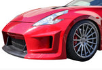 A side close up view of a red car fitted with Stillen Front Fascia for Nissan 370Z [Z34] 2009-2020 on a white background