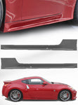 A close up view and a wide view of a red car fitted with Stillen Side Skirt Set for Nissan 370Z [Z34] 2009-2020 on a white background
