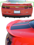 A back and side close up view of a red car fitted with Stillen Rear Wing for Chevy Camaro 2010-2013 on a white background