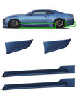 A side wide view of a blue car fitted with Stillen Side Skirt Kit w/ Rear Corners for Chevy Camaro 2010-2013 on the top of the image and the parts of the rear corners and side skirts on the bottom of the image on a white background