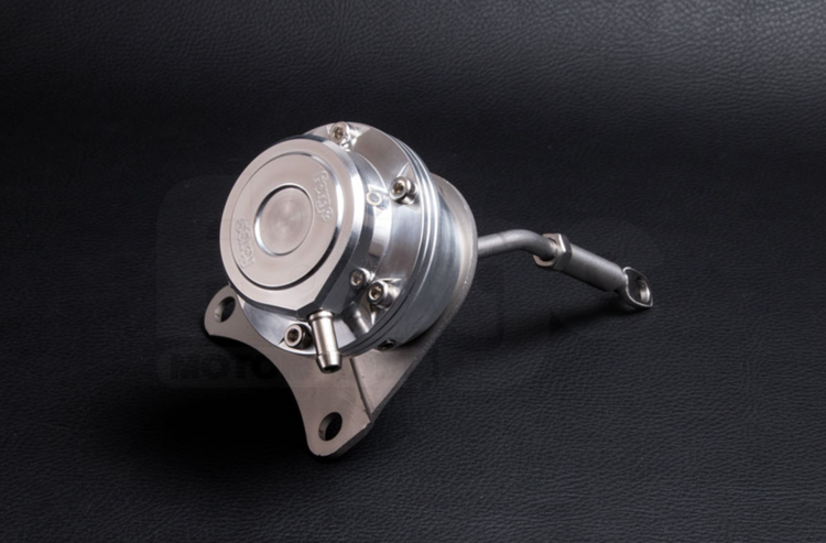 A front close up view of Forge Motorsport Adjustable Diaphragm Actuator for Subaru TD04/TD05 Turbochargers with black background