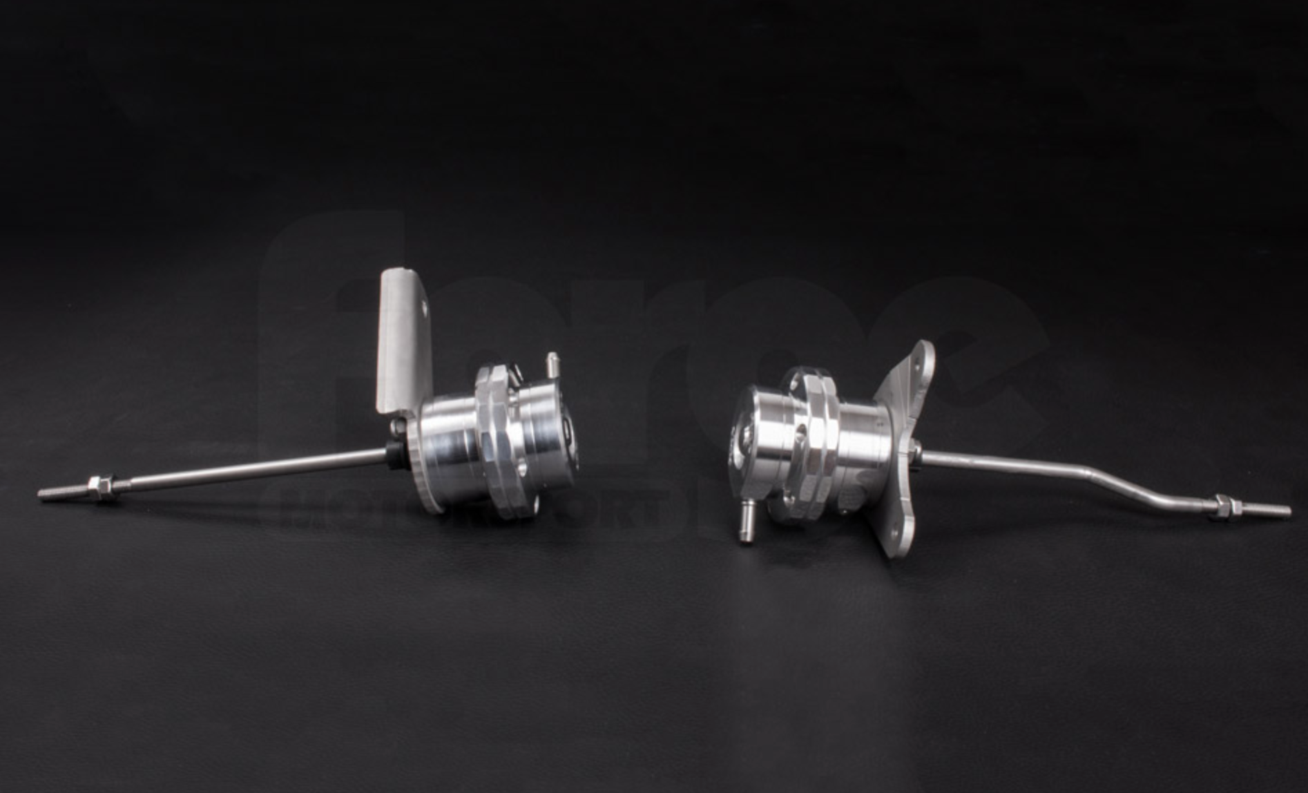 A side wide view of Forge Motorsport Twin Turbo Actuators for Porsche 996 Turbo / GT2 2000-2005 with black background