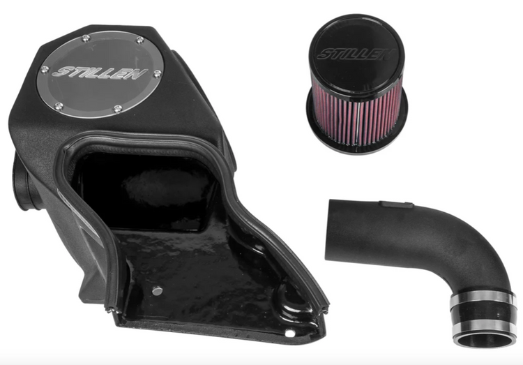 A top view of Stillen Trupower Cold Air Oiled Intake for Toyota Tacoma 2024+ with all its parts with white background