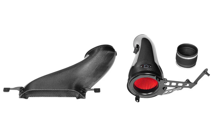 A top view of the parts of Eventuri Black Carbon Intake System for BMW F7X M135i M235i / U1X X1 X2 M35i & MINI F6X S JCW 2020-2025 with white background