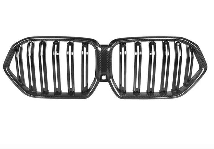 A front view of AutoTecknic Dual-Slat Carbon Fiber Front Grille - BMW G06 X6 LCI 2023-2025 with white background