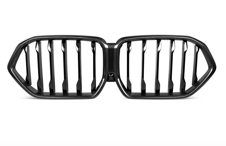 A front wide view of AutoTecknic Carbon Fiber Front Grille - BMW G06 X6 LCI 2023-2025 with white background