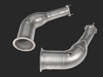 A front wide view of IPE SS Catless Downpipe for Audi RS6 / RS7 C8 2020-2025 with black background