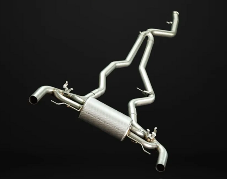 A top wide view of IPE SS OPF Version Cat-Back Exhaust System for BMW M240i (G42 - B58) 2022-2025 with black background