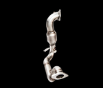 A single stainless steel exhaust component featuring a catless downpipe section that transitions into a curved rear downpipe with two mounting flanges and integrated brackets.