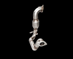 A single stainless steel exhaust component featuring a catless downpipe section that transitions into a curved front pipe with two separate mounting flanges and integrated brackets.