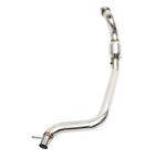 A single polished stainless steel catted downpipe for the Ford Mustang 2.3 EcoBoost, featuring a curved design with an integrated catalytic converter canister, oxygen sensor port, and a small mounting pin near the outlet.