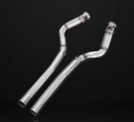 A pair of curved stainless steel catless downpipes for the Ferrari GTC4Lusso T, featuring precision-welded inlet flanges, integrated oxygen sensor bungs with purple heat-tinted surrounds, and smooth mandrel-bent piping.