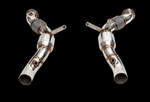 A pair of polished stainless steel catless straight downpipes for the Ferrari 488, featuring curved piping with integrated flexible bellows sections, Y-shaped mounting brackets, and precision-welded sensor ports