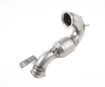 A single stainless steel catted downpipe featuring a curved upper section with a wide circular flange, a central cylindrical catalytic converter body, and integrated mounting brackets.