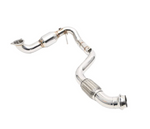 A single stainless steel exhaust component featuring a catless downpipe section that transitions into a curved rear downpipe with a flexible mesh joint and mounting flanges.