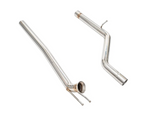 A single stainless steel exhaust component featuring a catless downpipe section that transitions into a curved rear downpipe with a flexible mesh joint and mounting flanges.