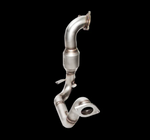 A single stainless steel exhaust component featuring a catted downpipe section that transitions into a curved front pipe with two separate mounting flanges and integrated brackets.