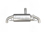 A stainless steel rear exhaust muffler featuring a large cylindrical body with a vertical inlet pipe, dual curved side outlet pipes, and integrated mounting hangers with a valvetronic actuator bracket.