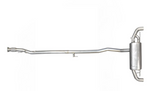 A complete stainless steel exhaust system featuring a long, straight mid-pipe with an integrated flexible mesh joint that connects to a transverse-mounted rear muffler with dual curved outlet pipes.