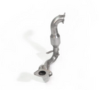 A single stainless steel catless exhaust component featuring a smooth, curved upper downpipe section that transitions into a rear downpipe with mounting brackets and a two-bolt connection flange.