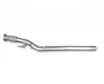 A single stainless steel front pipe section featuring a straight mandrel-bent design with an integrated flexible mesh joint, mounting brackets, and a flat connection flange.