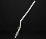 A single stainless steel front pipe section featuring a straight, mandrel-bent design with an integrated flexible mesh joint and a multi-bolt mounting flange at the base.