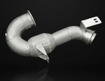 Performance exhaust downpipe with full-coverage silver dimpled heat shielding and integrated mounting brackets on a black background