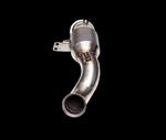 Overhead view of a matte stainless steel IPE performance downpipe featuring an integrated catalytic converter and mounting bracket on a black background