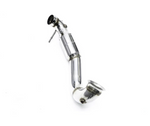 Polished IPE stainless steel downpipe featuring an integrated high-flow catalytic converter section and a sensor bung on a white background