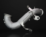 IPE performance downpipe featuring full-coverage silver dimpled heat shielding and integrated mounting brackets on a black background