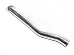 Polished T304 stainless steel exhaust mid-pipe section featuring a precision mandrel bend and a CNC-machined mounting flange on a white background.