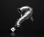 Single IPE performance downpipe featuring a matte stainless steel finish and an integrated high-flow catalytic converter section on a black background