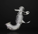 Complete IPE performance exhaust assembly including long-tube headers, high-flow catalytic converters, and silver heat-shielded Valvetronic mufflers displayed on a black background