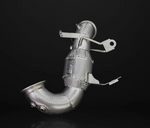IPE high-performance downpipe featuring full-coverage silver dimpled heat shielding, integrated mounting brackets, and sensor bungs on a black background.