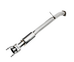 Polished T304 stainless catted downpipe featuring a straight-through resonator, precision mounting hanger, and a CNC-machined flange on a white background.