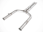 A pair of IPE stainless steel performance headers and catless downpipes for Mercedes-Benz E63 AMG (W213) featuring a polished T304 finish and integrated silver heat shielding on the lower sections, shown on a black background.